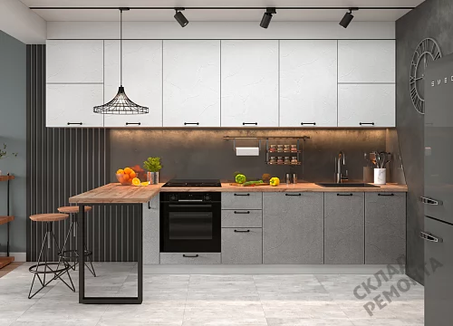 Фото Кухня ДСВ Лофт штукатурка белая/штукатурка серая – купить в Кемерове: цена, описание, фото. Интернет-магазин 2
